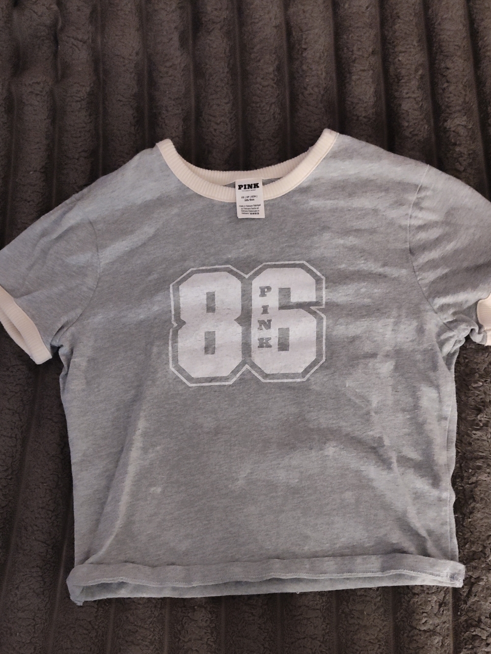 PINK Victoria's Secret Gray Ringer Tee with Cream Trim